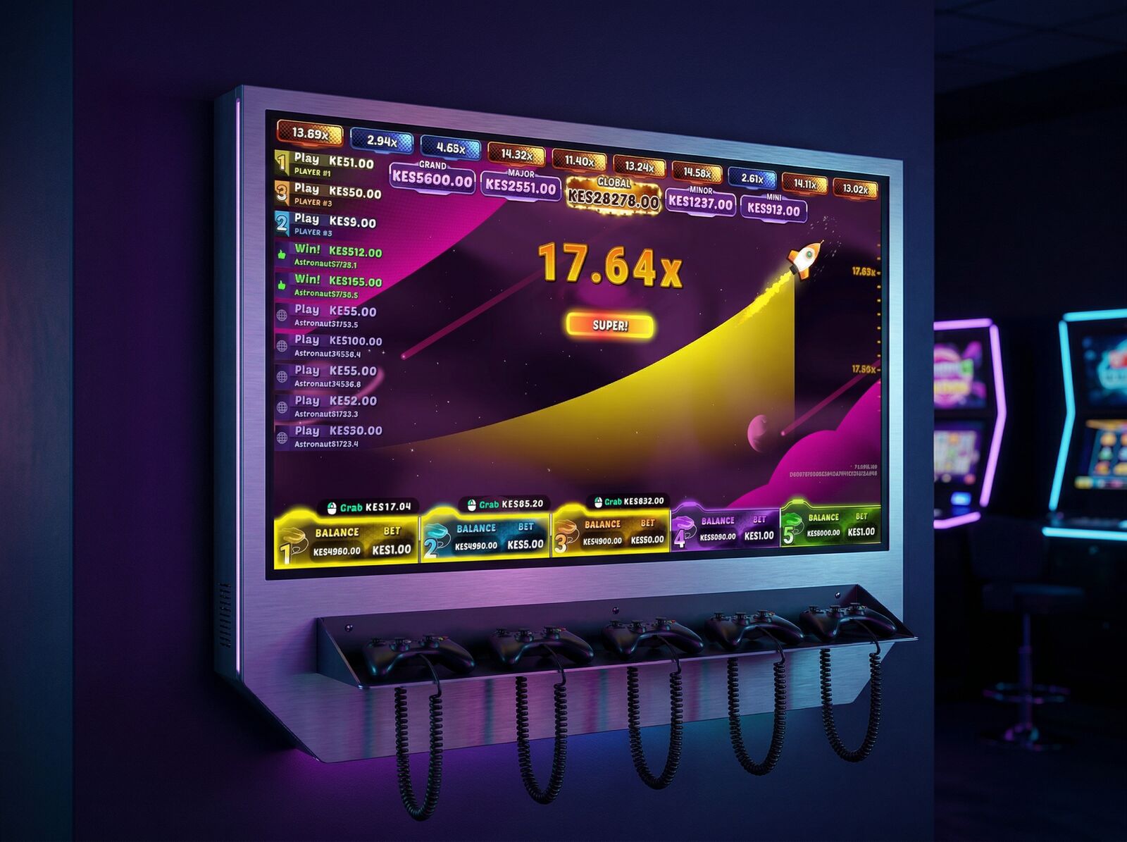 Stellar Bets arcade gaming station with curved display and ergonomic seating